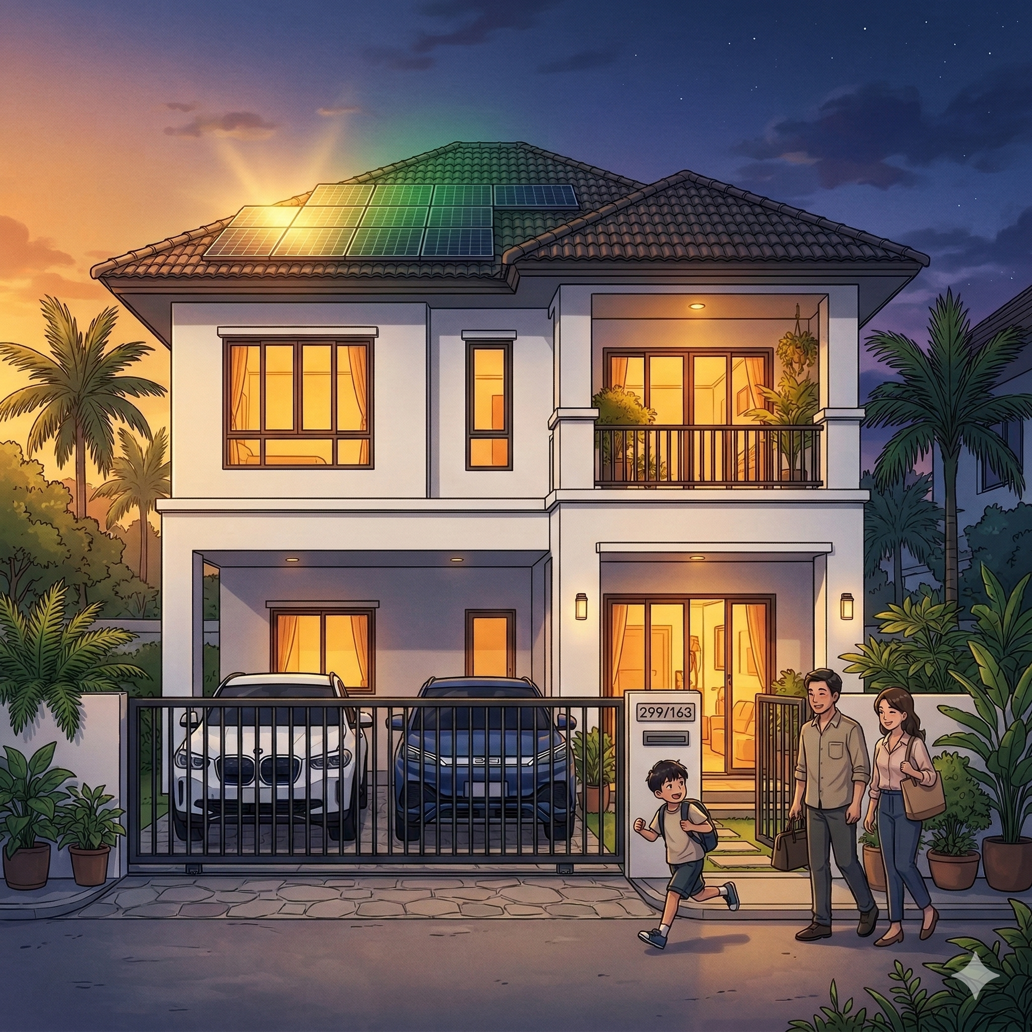 Our house at dusk — the moment solar stops and family life begins
